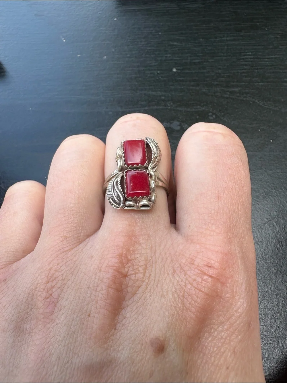 Southwest Style Ring with Red Stones and Feather Accents - Size 7.25